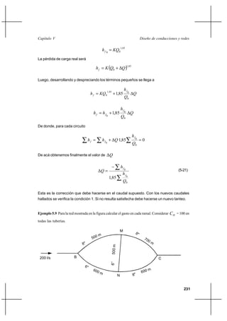                                                                                     


                                             0  0
                                                                1,85



La pérdida de carga real será

                                            0 ⌡  
                                                                         1,85




Luego, desarrollando y despreciando los términos pequeños se llega a

                                                                    
                                      0              ⌡ 1,85                
                                                  1, 85                  0
                                                                     0

                                                                
                                          ⌡ 1,85                0
                                                                             
                                              0                 0

De donde, para cada circuito

                                                                                
                                          ⌡  1,85                              0
                                                                                         0
                                              0                                 0

De acá obtenemos finalmente el valor de             

                                                                
                                                                   0                                          (5-21)
                                                                 
                                                                         0
                                                    1,85
                                                                   0

Esta es la corrección que debe hacerse en el caudal supuesto. Con los nuevos caudales
hallados se verifica la condición 1. Si no resulta satisfecha debe hacerse un nuevo tanteo.


Ejemplo 5.9 Para la red mostrada en la figura calcular el gasto en cada ramal. Considerar                   = 100 en
todas las tuberías.

                                                                M




 200 l/s                B                                                                           C



                                                            N


                                                                                                                   231
 
