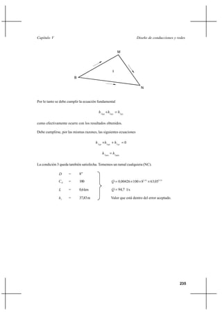                                                                      


                                                           M




                                                       I
                         B

                                                                             N


Por lo tanto se debe cumplir la ecuación fundamental

                                            ⌡      

como efectivamente ocurre con los resultados obtenidos.

Debe cumplirse, por las mismas razones, las siguientes ecuaciones

                                          ⌡    ⌡     0

                                                   

La condición 3 queda también satisfecha. Tomemos un ramal cualquiera (NC).

                    =       8’’
                   =       100                        0 00426 Ι 100 Ι 8 2 63 Ι 63050 54

                    =       0,6 km                     94,7 l/s

                   =       37,83 m                 Valor que está dentro del error aceptado.




                                                                                                    235
 