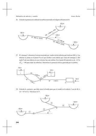                                                                

26. Calcular la potencia de salida de la turbina mostrada en la figura (eficiencia 0,9)

                                                                             218 m




       150 m
                                                               T
                                                                     125 m

                                                P

                                                                                             100 m




27. El estanque 1 alimenta al sistema mostrado por medio de dos tuberías que totalizan 600 |/s. Las
      tuberías se juntan en el punto P en el que reciben a otra tubería que viene del estanque 2. Del
      nudo P sale una tubería en cuyo extremo hay una turbina. En el punto B la presión es de –2,5 m
      (  = 100 para todas las tuberías). Determinar la potencia teórica generada por la turbina.


   150 m
                                                         140 m

       1
                                                           2


                                                                                                 100 m
                                        P            36"           4 000 m
                                                                                     A       B




28. Calcular la potencia que debe tener la bomba para que el caudal en la tubería 3 sea de 40 |/s
      ( = 10-6 m2/s). Eficiencia 0,75

                                                126 m



                                                                                             124 m
                                                           3
                                                                                4

   100 m                                                               P
                                            2
                                                     0
                     1
                            B




244
 