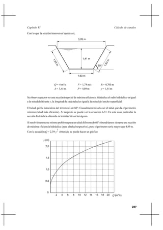                                                                               

Con lo que la sección transversal queda así,

                                                  3,26 m




                                                       1,41 m

                                                                     60º



                                                 1,63 m


                           = 6 m3/s              = 1,74 m/s            = 0,705 m
                           = 3,45 m              = 4,89 m              = 1,41 m


Se observa que por ser una sección trapecial de máxima eficiencia hidráulica el radio hidráulico es igual
a la mitad del tirante , la longitud de cada talud es igual a la mitad del ancho superficial.

El talud, por la naturaleza del terreno es de 60°. Casualmente resulta ser el talud que da el perímetro
mínimo (talud más eficiente). Al respecto se puede ver la ecuación 6-31. En este caso particular la
sección hidráulica obtenida es la mitad de un hexágono.

Si resolviéramos este mismo problema para un talud diferente de 60° obtendríamos siempre una sección
de máxima eficiencia hidráulica (para el talud respectivo), pero el perímetro sería mayor que 4,89 m.
                                8

Con la ecuación  = 2,39  3 obtenida, se puede hacer un gráfico


                 (m)

                  2,0



                  1,5



                  1,0



                  0,5



                   0
                            2       4   6    8    10   12     14   16   18    20      (m3/s)



                                                                                                     287
 