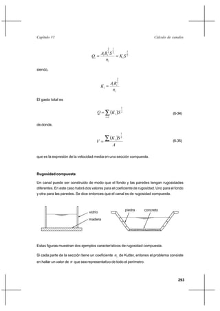                                                                           


                                                2     1
                                          3 2
                                                                     1
                                               2
                                            

siendo,

                                                            2
                                                         3
                                                        
                                                      

El gasto total es

                                                                1
                                                      2                               (6-34)
                                               1


de donde,

                                                                1
                                                           2
                                                                                           (6-35)
                                                      

que es la expresión de la velocidad media en una sección compuesta.



Rugosidad compuesta

Un canal puede ser construido de modo que el fondo y las paredes tengan rugosidades
diferentes. En este caso habrá dos valores para el coeficiente de rugosidad. Uno para el fondo
y otra para las paredes. Se dice entonces que el canal es de rugosidad compuesta.



                                                                    piedra   concreto
                                   vidrio

                                   madera




Estas figuras muestran dos ejemplos característicos de rugosidad compuesta.

Si cada parte de la sección tiene un coeficiente           de Kutter, entones el problema consiste
en hallar un valor de    que sea representativo de todo el perímetro.


                                                                                                293
 
