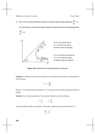 Hidráulica de tuberías y canales                                                            Arturo Rocha


                                                                                                   dE
x)    En un río un aumento del tirante implica un aumento de la energía específica                    0.
                                                                                                   dy
      En un torrente un aumento del tirante implica una disminución de la energía específica

      dE
          0.
      dy


        y
                                                                  En un río las variaciones de
                                                y                E e y son del mismo signo y
                                        E                        del mismo orden de magnitud.




                                                                  En un torrente las variaciones de
                                                                  E e y son de diferente signo y
                                  y
                  45º                   E                        de diferente orden de magnitud.

                                                     E

                    Figura 7.2a Variación de la energía específica y el tirante




Ejemplo 7.1 Probar que la sección de un canal en la cual el flujo es crítico puede ser expresada en la
forma siguiente

                                                          Q2
                                                x2 y3 
                                                          32 g


Donde “x” es la mitad del ancho superficial e “y” es la distancia de la superficie del agua a la línea de
energía.

Solución. Sea T el ancho superficial y V la velocidad media de la corriente. Entonces,

                                            T                V2
                                       x             y
                                            2                2g

Como el problema establece que el flujo es crítico debe cumplirse la ecuación fundamental 7-11

                                                 Q 2 A3
                                                    
                                                 g    T



334
 