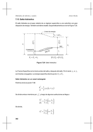 Hidráulica de tuberías y canales                                                      Arturo Rocha

7.13 Salto hidráulico

El salto hidráulico es el paso violento de un régimen supercrítico a uno subcrítico con gran
disipación de energía. También se le llama resalto. Esquemáticamente se ve en la Figura 7.20.


                                               Línea de energía

                                                              h f = (E)1-2


                                                                          2
                         V1
                           2                                         V2
                         2g                                          2g
          E1
                                                                                 E2
                                                                          RIO

               TORRENTE
                                                                     y2
                           y1


                    E1  E2 ⌡ h f                        F .E.1  F .E.2

                                   Figura 7.20 Salto hidráulico




La Fuerza Específica es la misma antes del salto y después del salto. Por lo tanto        y1 e y2
son tirantes conjugados. La energía específica disminuye de        E1 a E2 .

Salto hidráulico en un canal rectangular

Partimos de la ecuación 7-88

                                      q2 1
                                         y1 y2  y1 ⌡ y2 
                                      g 2

Se divide ambos miembros por        y13 , y luego de algunas sustituciones se llega a

                                      V12 1 y2   y
                                              1⌡ 2
                                      gy1 2 y1    y1

De donde,

                                               1 y2   y
                                       F12         1⌡ 2
                                               2 y1    y1


382
 