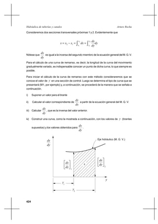Hidráulica de tuberías y canales                                                           Arturo Rocha

Consideremos dos secciones transversales próximas 1 y 2. Evidentemente que


                                                     x2          y2   dx
                                  x  x2    x1           dx            dy
                                                     x1          y1   dy

               dx
Nótese que        es igual a la inversa del segundo miembro de la ecuación general del M. G. V.
               dy
Para el cálculo de una curva de remanso, es decir, la longitud de la curva del movimiento
gradualmente variado, es indispensable conocer un punto de dicha curva, lo que siempre es
posible.

Para iniciar el cálculo de la curva de remanso con este método consideraremos que se
conoce el valor de y en una sección de control. Luego se determina el tipo de curva que se
presentará (M1, por ejemplo) y, a continuación, se procederá de la manera que se señala a
continuación.

i)     Suponer un valor para el tirante
                                                   dy
ii)    Calcular el valor correspondiente de           a partir de la ecuación general del M. G. V.
                                                   dx
                  dx
iii)   Calcular      , que es la inversa del valor anterior.
                  dy
iv)    Construir una curva, como la mostrada a continuación, con los valores de y (tirantes

                                                      dx
       supuestos) y los valores obtenidos para           .
                                                      dy

                                                                          Eje hidráulico (M. G. V.)
                      dx
                      dy



                                                                           dx 
                                       dx                                dy 
                                       dy                  x             2
                                       1


                                                                                   y
                                    y1

                                               y
                                               2




424
 