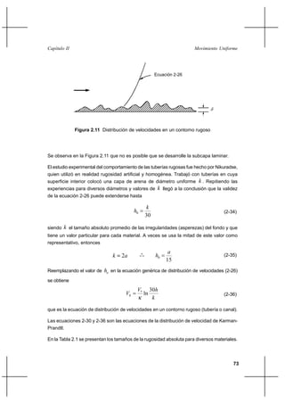                                                                  




                                                          Ecuación 2-26




              Figura 2.11 Distribución de velocidades en un contorno rugoso




Se observa en la Figura 2.11 que no es posible que se desarrolle la subcapa laminar.

El estudio experimental del comportamiento de las tuberías rugosas fue hecho por Nikuradse,
quien utilizó en realidad rugosidad artificial y homogénea. Trabajó con tuberías en cuya
superficie interior colocó una capa de arena de diámetro uniforme     . Repitiendo las
experiencias para diversos diámetros y valores de  llegó a la conclusión que la validez
de la ecuación 2-26 puede extenderse hasta

                                                     
                                          0                                           (2-34)
                                                     30

siendo    el tamaño absoluto promedio de las irregularidades (asperezas) del fondo y que
tiene un valor particular para cada material. A veces se usa la mitad de este valor como
representativo, entonces
                                                                
                                  2           o
                                               o o        0                           (2-35)
                                                               15
Reemplazando el valor de    en la ecuación genérica de distribución de velocidades (2-26)
se obtiene
                                           *         30
                                               ln                                    (2-36)
                                                       

que es la ecuación de distribución de velocidades en un contorno rugoso (tubería o canal).

Las ecuaciones 2-30 y 2-36 son las ecuaciones de la distribución de velocidad de Karman-
Prandtl.

En la Tabla 2.1 se presentan los tamaños de la rugosidad absoluta para diversos materiales.




                                                                                           73
 