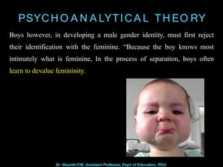 PSYCH O A N A LYTICA L TH EO RY
Boys however, in developing a male gender identity, must first reject
their identification with the feminine. “Because the boy knows most
intimately what is feminine, In the process of separation, boys often
learn to devalue femininity.
Dr. Nisanth.P.M, Assistant Professor, Dept of Education, RGU
 