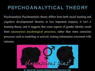 PSYCH O A N A LYTICA L TH EO RY
Psychoanalytic Psychoanalytic theory differs from both social learning and
cognitive developmental theories in two important respects; it isn’t a
learning theory, and it suggests that some aspects of gender identity result
from unconscious psychological processes, rather than more conscious
processes such as modeling or actively seeking information consistent with
schemas.
Dr. Nisanth.P.M, Assistant Professor, Dept of Education, RGU
 