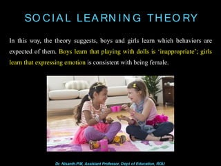 SO CIA L LEA RN IN G TH EO RY
In this way, the theory suggests, boys and girls learn which behaviors are
expected of them. Boys learn that playing with dolls is ‘inappropriate’; girls
learn that expressing emotion is consistent with being female.
Dr. Nisanth.P.M, Assistant Professor, Dept of Education, RGU
 
