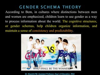 G E N D E R S C HE M A THE O RY
According to Bem, in cultures where distinctions between men
and women are emphasized, children learn to use gender as a way
to process information about the world. The cognitive structures,
or gender schemas, help children organize information, and
maintain a sense of consistency and predictability.
Dr. Nisanth.P.M, Assistant Professor, Dept of Education, RGU
 