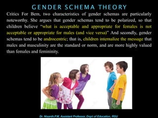 G E N D E R S C HE M A THE O RY
Critics For Bem, two characteristics of gender schemas are particularly
noteworthy. She argues that gender schemas tend to be polarized, so that
children believe “what is acceptable and appropriate for females is not
acceptable or appropriate for males (and vice versa)” And secondly, gender
schemas tend to be androcentric; that is, children internalize the message that
males and masculinity are the standard or norm, and are more highly valued
than females and femininity.
Dr. Nisanth.P.M, Assistant Professor, Dept of Education, RGU
 