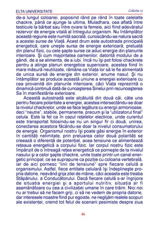 ELTA UNIVERSITATE                                            Colectia 17
de-a lungul coloanei, poposind rând pe rând în toate celelalte
chackre, pânã ce ajunge la ultima, Muladhara, cea aflatã între
testicule la bãrbat sau între ovare la femeie, aici fiind adevãratul
rezervor de energie vitalã al întregului organism. Nu întâmplãtor
aceastã regiune este numitã sacralã, cunoscându-se natura sacrã
a acestei surse de Viaþã. Acest drum este autostrada principalã
energeticã, care uneºte sursa de energie exterioarã, preluatã
din planul fizic, cu cele ºapte surse ce aduc energie din planurile
interioare. ªi cum majoritatea oamenilor, datoritã modului de a
gândi, de a se alimenta, de a iubi, încã nu îºi pot folosi chackrele
pentru a atinge planuri energetice superioare, acestea fiind în
mare mãsurã neutilizate, rãmâne ca Viaþa lor sã le fie alimentatã
de unica sursã de energie din exterior, anume nasul. ªi nu
întâmplãtor se produce aceastã uniune a energiei exterioare cu
cea provenitã din planurile interioare, cãci Viaþa reprezintã o
dinamicã continuã datã de cunoaºterea Sinelui prin recunoaºterea
Sa în manifestãrile exterioare.
     Aceastã autostradã este alcãtuitã din douã cãi, câte una
pentru fiecare polaritate a energiei, acestea intersectându-se doar
la nivelul chackrelor, unde se face legãtura cu energii armonioase,
deci “neutre”, stabile, permanente, precum ºi la “utilizatorul final”
celula. Este la fel ca în cazul reþelelor electrice, unde curentul
este transportat folosindu-se nu un singur fir ci douã, unirea,
conectarea acestora fãcându-se doar la nivelul consumatorului
de energie. Organismul nostru îºi poate gãsi energie în exterior
în cantitãþi nelimitate, prin preluarea celor douã polaritãþi se
creeazã o diferenþã de potenþial, acea tensiune ce alimenteazã
reþeaua energeticã a corpului fizic. Iar corpul nostru fizic este
împânzit de o întreagã reþea energeticã ce porneºte de la nivelul
nasului ºi a celor ºapte chackre, unite toate printr-un canal ener-
getic principal, ce se suprapune ca poziþie cu coloana vertebralã,
iar de aici pornesc “linii de tensiune” spre fiecare celulã a
organismului. Astfel, fiece entitate celularã îºi îndeplineºte pro-
pria datorie, neavând grija zilei de mâine, cãci aceasta este treaba
Stãpânului, a Conducãtorului. Dacã fiecare celulã s-ar îngrijora
de situaþia energiei ºi a aportului nutritiv, situaþia ar fi
asemãnãtoare cu cea a civilizaþiei umane în care trãim. Nici noi
nu ar trebui sã ne facem griji, ci sã ne vedem de propria datorie,
dar interesele noastre fiind pur egoiste, ne neglijãm realele scopuri
ale existenþei, creind tot felul de scenarii pesimiste despre ziua

                                   46
 