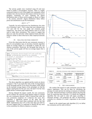 The activity graphs were visualized using [5] and were
found to exhibit a core-periphery structure. There is a highly
connected (relative to rest of the graph) core community whose
members have diverse interests and connect with the less active
periphery community of users. Studying the degree
distributions plots of these activity graphs as shown in Figure
3, the activity networks’ degree distribution likely follow
power law distributions as per the formulation,
( )
Typically, for real world power law distributions, the value
of α is between 2 and 3. The values that were obtained were
2.12 and 2.05 for the vote graph and comment graph
respectively. The power law fitting libraries used in [3] were
used to make these calculations. This seems to suggest that
these are scale free networks within empirical limits and show
behavior similar to those observed in other empirical networks
in [3].
IV. ISOLATING THE CORE COMMUNITY
Given the observation that the user community structure is
that of a core-periphery type, we develop a heuristic algorithm
based on average degree of a sub-graph to isolate the core
ideation community. Intuitively, the sub-graph that forms the
core of the activity graph will have an average degree that is
maximal.
A. Core Community Isolation Results
The above algorithm was applied and the results are shown
in Figure 4. The Y axis tracks the value of the Average Degree
of the sub-graph and the X axis shows the degree cutoff. Based
on the maximal average degree of the sub-graph, we find the
degree cutoff points for the core were 150 and 61 for the Vote
graph and the Comment graph respectively
Having obtained the degree cutoffs, the core community
can be isolated. We used the actual ideation output to evaluate
the core community detected. Table II showed that while the
core community comprises of a relatively few users, they
contribute a significant portion of the ideas that are
implemented. This result when combined with the fact that
SFDC implemented only 4.3% of the total ideas put forth by
the users suggests that it is important to identify the key users
in the community for effective ideation co-creation.
SFDC Vote Graph
SFDC Comment Graph
Figure 4. Core Community Isolation
TABLE II. SFDC IDEA EXCHANGE CORE COMMUNITY PERFORMANCE
#Graph
% of total
users in Core
Idea contribution
fraction of core
Implemented Idea
fraction of Core
Vote
Graph
0.35% =38%
Comment
Graph
0.68%
V. KEY USER RANKING
We conduct link analysis to rank community users for their
relative importance. This can be done by calculating the
prestige of a node and also by looking at measures of centrality
of a node. Structural prestige in network analysis has been the
basis for analyzing many networks. [11] details the PageRank
algorithm that was used to rank web pages according to
structural prestige. [16] proposed the idea of betweenness
centrality as a measure of a node’s importance in the overall
graph.
Based on the original page rank algorithm [11], we define
the community activity rank as follows
 