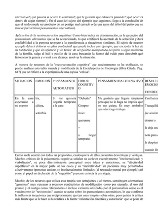 alternativa?; qué pasaría si ocurre lo contrario?; qué le gustaría que estuviera pasando?; qué ocurrirá
dentro de algún tiempo?). En el caso del sujeto del ejemplo que seguimos, llega a la conclusión de
que el ruido puede ser producto de un portigo mal cerrado o de una rama del árbol del patio que se
mueve por la brisa (pensamientos alternativos).
Aplicación de la reestructuración cognitiva: Como bien indica su denominación, es la ejecución del
pensamiento alternativo que se ha seleccionado, lo que verificara lo acertado de la selección y dará
confiabilidad a la persona respecto a la transferencia a situaciones similares. El sujeto de nuestro
ejemplo deberá elaborar un plan conductual que puede incluir por ejemplo, que encienda la luz de
su habitación y que sin apurarse y sin temor, de ser posible acompañado del perro o algún miembro
de la familia, salga al hall o pasillo de la casa buscando la fuente del ruido para descubrir qué
fenómeno la genera y si está a su alcance, resolver la situación.
A manera de resumen de la "reestructuración cognitiva" que suscintamente se ha explicado, se
puede analizar esta tabla tomada y modificada de la Enciclopedia de Psicología (Obra Citada. Pág.
647) que se refiere a la experiencia de una esposa "celosa".
SITUACION EMOCION PENSAMIENTO
AUTOMATICO
ERROR
COGNITIV
O
PENSAMIENTOALTERNATIVO RESULTA
EMOCION
CONDUC
En la casa
esperando a
mi esposo
Ira,
cólera,
soberbia
Si me quisiera
llegaría temprano
a la casa
"Debería"
Compro
miso:
quererme
=
a llegar
temprano
Me gustaría que llegara temprano
pero que no lo haga no implica que
no me quiera. Es muy probable
que aún tenga trabajo.
Confianza,
Tranquilid
(se acuesta
dormir y
le deja una
nota para q
la despiert
cuando lle
Como suele ocurrir con todas las propuestas, cualesquiera de ellas presentan desventajas y ventajas.
Muchos críticos de la psicoterapia cognitiva señalan su carácter excesivamente "intelectualizado y
verbalizado", su poca discriminación conceptual entre ideas y emociones, su "efectividad
superficial" en la mayor parte de los casos y su "inefectividad" en pacientes muy perturbados
afectivamente (personas autistas) o intelectualmente limitados (el retrasado mental por ejemplo) así
como el papel no declarado de la "sugestión" presente en toda la estrategia.
Muchos de los recursos que utiliza esta terapia son semejantes o al menos, constituyen alternativas
"genuinas" muy cercanas a recursos conductistas de modificación como por ejemplo, el uso del
premio y el castigo como reforzadores e incluso variantes utilizadas por el psicoanálisis como es el
vencimiento de "resistencias" cuando se actúa sobre los pensamientos automáticos, lo que confirma
la influencia inequívoca que recíprocamente ejercen unas terapias sobre otras, pero quizás la crítica
más fuerte que se le hace es la relativa a la fuerte "orientación directiva y autoritaria" que se pone de
 