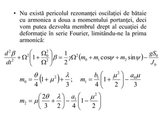 • Nu există pericolul rezonanţei oscilaţiei de bătaie
cu armonica a doua a momentului portanţei, deci
vom putea dezvolta membrul drept al ecuaţiei de
deformaţie în serie Fourier, limitându-ne la prima
armonică:
 
0
0
2
1
0
2
2
2
0
2
2
2
sin
cos
2
1
1
J
gS
m
m
m
dt
d

















 




 
































2
1
4
2
3
2
3
2
1
4
;
3
1
4
2
1
2
0
2
1
1
2
0









a
m
a
b
m
m
 