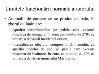Limitele funcţionării normale a rotorului
• Anomalii de curgere ce se produc pe pale, în
zborul cu înaintare:
– Apariţia desprinderilor pe palele care execută
mişcarea de retragere, în zona azimutului de 270o, ca
urmare a depăşirii incidenţei critice;
– Intensificarea efectului compresibilităţii aerului, cu
apariţia undelor de şoc, pe palele care execută
mişcarea de înaintare, în zona azimutului de 90o, ca
urmare a depăşirii numărului Mach critic.
 