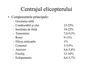 Centrajul elicopterului
• Componentele principale:
– Greutatea utilă
– Combustibil şi ulei 15-25%
– Instalaţia de forţă 14-22%
– Transmisia 7,8-9,3%
– Rotor 9-13%
– Elicea anticuplu 1%
– Comenzi 3-5,9%
– Aterizor 4,6-5,8%
– Fuselaj 12-16%
– Echipamente 4,6-5,7%
 