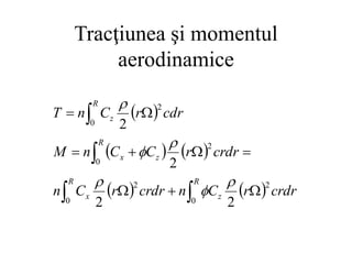 Tracţiunea şi momentul
aerodinamice
 
   
   













R
z
R
x
R
z
x
R
z
crdr
r
C
n
crdr
r
C
n
crdr
r
C
C
n
M
cdr
r
C
n
T
0
2
0
2
0
2
0
2
2
2
2
2






 