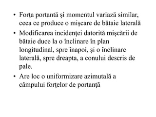 • Forţa portantă şi momentul variază similar,
ceea ce produce o mişcare de bătaie laterală
• Modificarea incidenţei datorită mişcării de
bătaie duce la o înclinare în plan
longitudinal, spre înapoi, şi o înclinare
laterală, spre dreapta, a conului descris de
pale.
• Are loc o uniformizare azimutală a
câmpului forţelor de portanţă
 