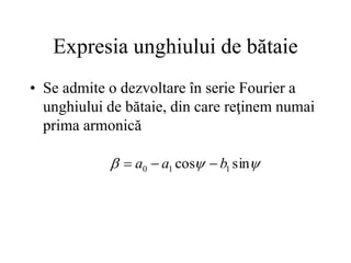 Expresia unghiului de bătaie
• Se admite o dezvoltare în serie Fourier a
unghiului de bătaie, din care reţinem numai
prima armonică


 sin
cos 1
1
0 b
a
a 


 