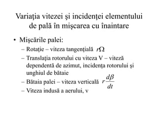 Variaţia vitezei şi incidenţei elementului
de pală în mişcarea cu înaintare
• Mişcările palei:
– Rotaţie – viteza tangenţială
– Translaţia rotorului cu viteza V – viteză
dependentă de azimut, incidenţa rotorului şi
unghiul de bătaie
– Bătaia palei – viteza verticală
– Viteza indusă a aerului, v

r
dt
d
r

 