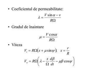 • Coeficientul de permeabilitate:
• Gradul de înaintare
• Viteza



R
v
V 

sin


R
V 

cos
 





















cos
;
sin
dt
d
x
R
V
R
r
x
x
R
V
n
t
 