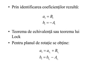 • Prin identificarea coeficienţilor rezultă:
• Teorema de echivalenţă sau teorema lui
Lock
• Pentru planul de rotaţie se obţine:
1
1
1
1
A
b
B
a



r
r
r
r
A
b
b
B
a
a
1
1
1
1
1
1




 
