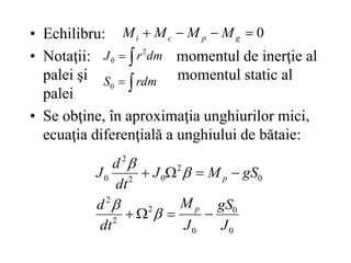 • Echilibru:
• Notaţii: momentul de inerţie al
palei şi momentul static al
palei
• Se obţine, în aproximaţia unghiurilor mici,
ecuaţia diferenţială a unghiului de bătaie:
0



 g
p
c
i M
M
M
M




rdm
S
dm
r
J
0
2
0
0
0
0
2
2
2
0
2
0
2
2
0
J
gS
J
M
dt
d
gS
M
J
dt
d
J
p
p












 
