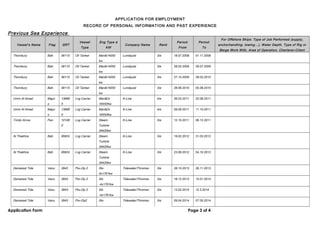 .01
APPLICATION FOR EMPLOYMENT
RECORD OF PERSONAL INFORMATION AND PAST EXPERIENCE
Previous Sea Experience
Vessel’s Name Flag GRT
Vessel
Type
Eng Type &
KW
Company Name Rank
Period:
From
Period:
To
For Offshore Ships: Type of Job Performed (supply,
anchorhandling, towing…), Water Depth, Type of Rig or
Barge Work With, Area of Operation, Charterer-Client
Thornbury Bah. 56115 Oil Tanker Man&14050
kw
Lundquist 3/e 18.07.2008 01.11.2008
Thornbury Bah. 56115 Oil Tanker Man&14050
kw
Lundquist 3/e 28.02.2009 29.07.2009
Thornbury Bah. 56115 Oil Tanker Man&14050
kw
Lundquist 3/e 27.10.2009 28.02.2010
Thornbury Bah. 56115 Oil Tanker Man&14050
kw
Lundquist 3/e 28.06.2010 05.08.2010
Umm Al Amad Majur
o
13668
5
Lng Carrier Man&2x
16550Kw
K-Line 4/e 26.03.2011 22.06.2011
Umm Al Amad Majur
o
13668
5
Lng Carrier Man&2x
16550Kw
K-Line 4/e 09.09.2011 11.10.2011
Trinity Arrow Pan. 10108
0
Lng Carrier Steam
Turbine
29420kw
K-Line 3/e 12.10.2011 06.12.2011
Al Thakhira Bah. 95824 Lng Carrier Steam
Turbine
29420kw
K-Line 3/e 19.02.2012 31.03.2012
Al Thakhira Bah. 95824 Lng Carrier Steam
Turbine
29420kw
K-Line 3/e 23.06.2012 04.10.2012
Demarest Tide Vanu. 3943 Psv-Dp 2 Stx-
4x1761kw
Tidewater/Thromso 3/e 28.10.2013 26.11.2013
Demarest Tide Vanu. 3943 Psv-Dp 2 Stx
-4x1761kw
Tidewater/Thromso 3/e 18.12.2013 15.01.2014
Demarest Tide Vanu. 3943 Psv-Dp 2 Stx
-4x1761kw
Tidewater/Thromso 3/e 13.02.2014 12.3.2014
Demarest Tide Vanu. 3943 Psv-Dp2 Stx- Tidewater/Thromso 3/e 09.04.2014 07.05.2014
Application Form Page 3 of 4
 