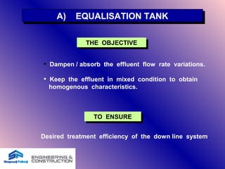 A) EQUALISATION TANKA) EQUALISATION TANK
THE OBJECTIVETHE OBJECTIVE
• Dampen / absorb the effluent flow rate variations.
• Keep the effluent in mixed condition to obtain
homogenous characteristics.
TO ENSURETO ENSURE
Desired treatment efficiency of the down line system.
 