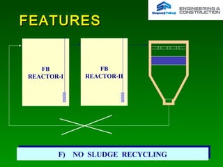 FEATURESFEATURES
F) NO SLUDGE RECYCLINGF) NO SLUDGE RECYCLING
FB
REACTOR-I
FB
REACTOR-II
 