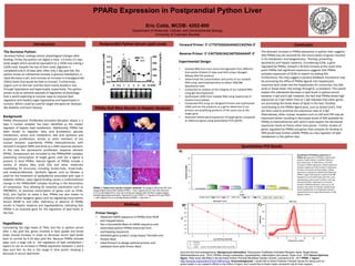 PPARα Expression in Postprandial Python Liver
Introduction
Eric Cobb, MCDB: 4202-800
Background:
PPARα (Peroxisome Proliferator-Activated Receptor ahlpa) is a
type II nuclear receptor has been identified as the master
regulator of hepatic lipid metabolism. Additionally, PPARα has
been shown to regulate: fatty acid β-oxidation, glucose
metabolism, amino acid metabolism, bile acid synthesis and
hepatocyte proliferation. Similar to other members of the
nuclear receptor superfamily PPARα heterodimerizes with
retinoid X receptor (RXR) and binds to a DNA response element,
in this case the peroxisome proliferator response element
(PPRE). Corepressors are recruited to the PPARα/RXR complex,
preventing transcription of target genes until the a ligand is
present to bind PPARα. Natural ligands of PPARα include a
variety of dietary fatty acids (FA) and other molecules
resembling FA structures including Acetyl-CoAs, Enoyl-CoAs,
and endocannabinoids. Synthetic ligands such as fibrates is
used for the treatment of dyslipidemia associated with type II
diabetes mellitus. Upon ligand binding causes a conformational
change in the PPARα/RXR complex resulting in the dissociation
of corepressor. Thus allowing for essential coactivators such as
PBP/MED1, to promote transcription of genes such as CD36,
Scd1, and Cyp7a1 to name a few. PPARα has also shown to
influence other lipogenic genes such by regulating transcription
factors SREBP-1c and LXRα. Deficiency or absence of PPARα
results in hepatic steatosis and hypolipedemia, indicating that
PPARα is an essential gene for the regulation of lipid levels in
the liver.
Hypothesis:
Considering the high levels of TAGs and FAs in python serum
after 1 day post fed, genes involved in lipid uptake and break
down should increase in order to decrease serum lipid levels
back to normal by 6-10 days post fed. Because PPARα activate
plays such a large role in the regulation of lipid metabolism I
expect to see an increase in PPARα expression between 1 and 6
days post fed. As this is the range in time points showing a
decrease in serum lipid levels.
Department of Molecular, Cellular, and Developmental Biology
University of Colorado-Boulder
Quantitative PCR Results
The Burmese Python:
Burmese Python undergo drastic physiological changes after
feeding. Firstly, the python can digest a meal 1.6 times it’s own
body weight which would be equivalent to a 145lb man eating a
232lb meal. Despite the size of their meal, digestion is
completed only 6-10 days later. After only 1 day post fed, the
python shows an substantial increase in glucose metabolism, a
rapid decrease in pH, and increase an increase in triacylglyceride
(TAGs) levels that would be fatal to humans. Furthermore,
organs such as the liver and the heart nearly double in size
through hyperplasia and hypertrophy respectively. The python
proves to be an extreme example of regulation of physiology
that is worth exploring to uncover ways to improve lipid
regulation and healthy organ hyperplasia and hypertrophy in
humans. Which could be used for target therapies for diseases
like diabetes and heart disease.
Postprandial Python Serum Lipid LevelsIntroduction
PPARα Null Mice Results in Hepatic Steatosis
PPARα -/- fasted mice results in hepatic steatosis: (A) Image (Left) shows WT liver,
image (Right) shows 66hr fasted PPARα -/- liver. Figures (B,D,F) are Fed mice and
(C,E,G) are fasted 48 hr mice, all of which are stained with Oil Red O-stains (stains
neutral triglycerides and lipids. Figures (B,C) are PPAR +/+, Figures (D,E) are PPAR -
/-, and Figures (F,G) is a double knockout PPAR -/- and AOX -/-.
Methods
Primer Design:
• Obtained mRNA sequence of PPARα from NCBI
and mapped exons
• Ran a Nucleotide Blast of mRNA sequence and
assembled python PPARα transcript from
overlapping sequences
• Validated gene product using Expasy Translate and
Protein Blast
• Used Primer3 to design optimal primers and
validated them with Primer Blast
Forward Primer: 5’-CTTGTGGGGAAAGCCAGTAA-3’
Reverse Primer: 5’-CACTGGCAGCAGTGGAAAAT-3’
Experimental Design:
• Isolated RNA from liver tissue homogenates from different
time points (Fasted-15 days post fed) using a Quiagen
RNeasy Mini Kit protocol
• Determined the concentration and purity of our isolated
RNA using spectrophotometry to obtain 260/280
absorbance ratio
• Conducted an analysis of the integrity of our isolated RNA
using gel electrophoresis
• Synthesized cDNA from isolated RNA using Superscript III
reverse transcriptase
• Conducted PCR using our designed Primers and synthesized
cDNA and ran the products on a gel to determine if our
primers are amplifying products of the same size as the
target gene
• Assessed relative gene expression of target genes compared
to reference genes using quantitative PCR (qPCR)
Conclusion
Quantitative PCR Relative Expression of
PPARα: A) Expression of PPARα in python liver
(Fasted-15dpf) relative to GAPDH reference
gene expression. At 3dpf there is a 52 fold
increase in PPARα expression. Fasted expression
showed roughly one fold increase in expression.
All other time points all show higher relative
expression compared to GAPDH indicating that
PPARα is high in abundance in python liver. B)
Standard Curve for qPCR plate with the y-axis
representing cycle number and the x-axis Log
Starting Quantity. Target gene of unknown
samples amplified between cycles 16-21. All
samples were done in triplicate. C) Melt Peak
shows amplification of a single gene product
represented by the single peak between 75-80
degrees Celsius.
A)
B) C)
The dramatic increase in PPARα expression in python liver suggests
that PPARα may be essential for the transcription of genes involved
in FA metabolism and lipogenenesis. Thereby, preventing
lipotoxicity and hepatic steatosis. Considering CD36, a gene
regulated by PPARα, showed a 36 fold increase at the same time
point PPARα had significant expression suggests that PPARα
activates expression of CD36 to import circulating FAs.
Furthermore, this may suggest a positive feedback mechanism may
be promoting the efflux of PPARα ligands into hepatocytes
maximize lipid intake into the hepatocytes for conversion into bile
acids or break down into energy through β, ω-oxidation. This would
explain the substantial decrease in lipid levels in python serum
between 3 dpf and 6 dpf. However, the fact that PPARα shows high
expression at 3 dpf rather than at 1 dpf indicates that other genes
are promoting the break down of lipids in the liver. Possibly
contributing to the PPARα ligand pool, such as Acetyl-CoA’s, that
are then used to promote the expression seen at 3 dpf.
Alternatively, other nuclear receptors such as LXR and FXR may be
expressed earlier resulting in decreased levels of RXR available for
PPARα to heterodimerize with which could explain the decreased
expression levels at theses other time points. Further studies of
genes regulated by PPARα and genes that compete for binding to
RXR would help further solidify PPARα as a key regulator of lipid
metabolism in the python liver.
Sources and Acknowledgements: Background information: Peroxisome Proliferator-Activated Receptor Alpha Target Genes,
Rakhshandehroo et al., 2010; PPARα: energy combustion, hypolipidemia, inflammation and cancer, Pyper et al., 2010 Serum lipid leve
figure: Fatty Acids Identified in the Burmese Python Promote Beneficial Cardiac Growth, Leinwand et al., 2011:PPAR -/- figure:
http://www.jbc.org/content/275/37/28918.long. Acknowledgments: I would like to thank Professor Pamela Harvey for being such an
active leader in our research efforts in the Python Project, and I would like to thank Leslie Leinwand’s lab for their support.
 