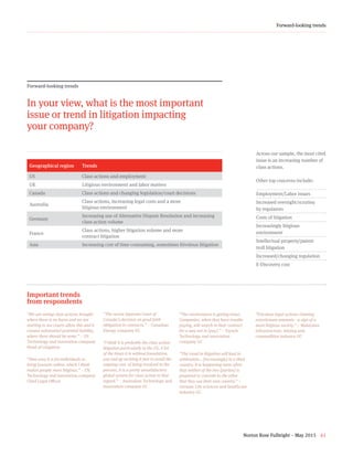 Norton Rose Fulbright – May 2015 61
Forward-looking trends
Forward-looking trends
In your view, what is the most important
issue or trend in litigation impacting
your company?
Across our sample, the most cited
issue is an increasing number of
class actions.
Other top concerns include:
Employment/Labor issues
Increased oversight/scrutiny
by regulators
Costs of litigation
Increasingly litigious
environment
Intellectual property/patent
troll litigation
Increased/changing regulation
E-Discovery cost
Geographical region Trends
US Class actions and employment
UK Litigious environment and labor matters
Canada Class actions and changing legislation/court decisions
Australia
Class actions, increasing legal costs and a more
litigious environment
Germany
Increasing use of Alternative Dispute Resolution and increasing
class action volume
France
Class actions, higher litigation volume and more
contract litigation
Asia Increasing cost of time-consuming, sometimes frivolous litigation
Important trends
from respondents
“We are seeing class actions brought
where there is no harm and we are
starting to see courts allow this and it
creates substantial potential liability,
where there should be none.” – US
Technology and innovation company
Head of Litigation
“How easy it is for individuals to
bring lawsuits online, which I think
makes people more litigious.” – UK
Technology and innovation company
Chief Legal Officer
“The recent Supreme Court of
Canada's decision on good faith
obligation in contracts.” – Canadian
Energy company GC
“I think it is probably the class action
litigation particularly in the US. A lot
of the times it is without foundation,
you end up tackling it just to avoid the
ongoing cost of being involved in the
process, it is a pretty unsatisfactory
global system for class action in that
regard.” – Australian Technology and
innovation company GC
“The environment is getting tense.
Companies, when they have trouble
paying, will search in their contract
for a way not to [pay].” – French
Technology and innovation
company GC
“The trend in litigation will lead to
arbitration… [increasingly] in a third
country. It is happening more often
that neither of the two [parties] is
prepared to concede to the other
that they use their own country.” –
German Life sciences and healthcare
industry GC
“Frivolous legal actions claiming
extortionate amounts - a sign of a
more litigious society.” – Malaysian
Infrastructure, mining and
commodities industry GC
 
 