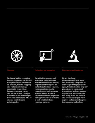Norton Rose Fulbright – May 2015 63
Transport
We have a leading reputation
in the transport sector. Our 350
transport lawyers concentrate
on aviation, rail and shipping,
and we focus on making
sustainable connections
between transport, energy
and infrastructure. Transport
is diverse, so our work ranges
from asset finance and M&A to
dispute resolution and
private equity.
Technology and innovation
Our global technology and
innovation group advises a
number of the world’s leading
corporations throughout the
technology, business services,
communications, media,
entertainment and consumer
markets sectors. With 450
lawyers worldwide, we provide
a truly global service to clients
in both established and
emerging markets.
Life sciences and healthcare
We act for global
pharmaceutical, bioscience
and technology companies in
every stage of the product life
cycle, from intellectual property
protections to commercial
transactions, and mergers and
acquisitions. It is no surprise
that many of our life sciences
and healthcare lawyers have
degrees and advanced degrees
in science and technology.
 