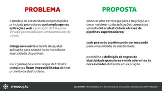 INTRODUÇÃO ELASTIPIPE: PROMOVENDO A ELASTICIDADE DE APLICAÇÕES ORGANIZADAS EM PIPELINES
PROBLEMA
o modelo de elasticidade proposto pelos
principais provedores contempla apenas
aplicações web (replicação de Máquinas
Virtuais gerenciadas por um balanceador de
carga);
delega ao usuário a tarefa de ajustar
aplicação para adaptá-la ao modelo de
elasticidade disponível;
as organizações com cargas de trabalho
complexas ficam impossibilitadas de tirar
proveito da elasticidade.
PROPOSTA
elaborar uma estratégia para a migração e o
desenvolvimento de aplicações complexas
visando obter elasticidade através de
pipelines superescalares;
cada passo do pipeline pode ser mapeado
para uma unidade de elasticidade;
possibilita a definição de regras de
elasticidade granulares e mais aderentes às
necessidades da tarefa em execução.
 