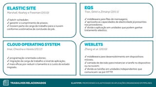 TRABALHOS RELACIONADOS ELASTIPIPE: PROMOVENDO A ELASTICIDADE DE APLICAÇÕES ORGANIZADAS EM PIPELINES
ELASTICSITE
Marshall, Keahey e Freeman (2010)
✔ batch-scheduler;
✔ garantir o cumprimento de prazos;
✔ movem parte da carga de trabalho para a nuvem
conforme a estimativa de conclusão do job.
EQS
Tran, Skhiri e Zimányi (2011)
✔ middleware para filas de mensagens;
✔ aproveita as capacidades de elasticidade já presentes
nos provedores;
✔ divide a aplicação em unidades que podem ganhar
tratamento elástico.
CLOUD OPERATING SYSTEM
Imai, Chestna e Varela (2012)
✔ programação orientada a atores;
✔ migração da carga de trabalho a nível de aplicação;
✔ mais eficaz por reduzir o tamanho e o custo doestado
migrado.
WEBLETS
Zhang et al. (2010)
✔ middleware para desenvolvimento em dispositivos
móveis;
✔ camada de decisão para instanciar a tarefa no dispositivo
ou na nuvem;
✔ divide as tarefas em unidades independentes que
comunicam-se por HTTP.
 
