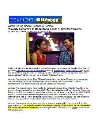 Deadline Hollywood ALREADY TOMORROW IN HONG KONG - Gravitas Acquisitions Exclusive 10-28-15