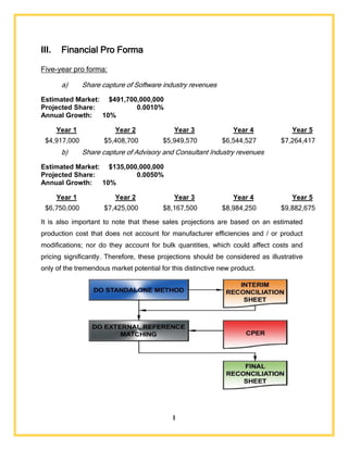 1
III. Financial Pro Forma
Five-year pro forma:
a) Share capture of Software industry revenues
Estimated Market: $491,700,000,000
Projected Share: 0.0010%
Annual Growth: 10%
Year 1 Year 2 Year 3 Year 4 Year 5
$4,917,000 $5,408,700 $5,949,570 $6,544,527 $7,264,417
b) Share capture of Advisory and Consultant Industry revenues
Estimated Market: $135,000,000,000
Projected Share: 0.0050%
Annual Growth: 10%
Year 1 Year 2 Year 3 Year 4 Year 5
$6,750,000 $7,425,000 $8,167,500 $8,984,250 $9,882,675
It is also important to note that these sales projections are based on an estimated
production cost that does not account for manufacturer efficiencies and / or product
modifications; nor do they account for bulk quantities, which could affect costs and
pricing significantly. Therefore, these projections should be considered as illustrative
only of the tremendous market potential for this distinctive new product.
 