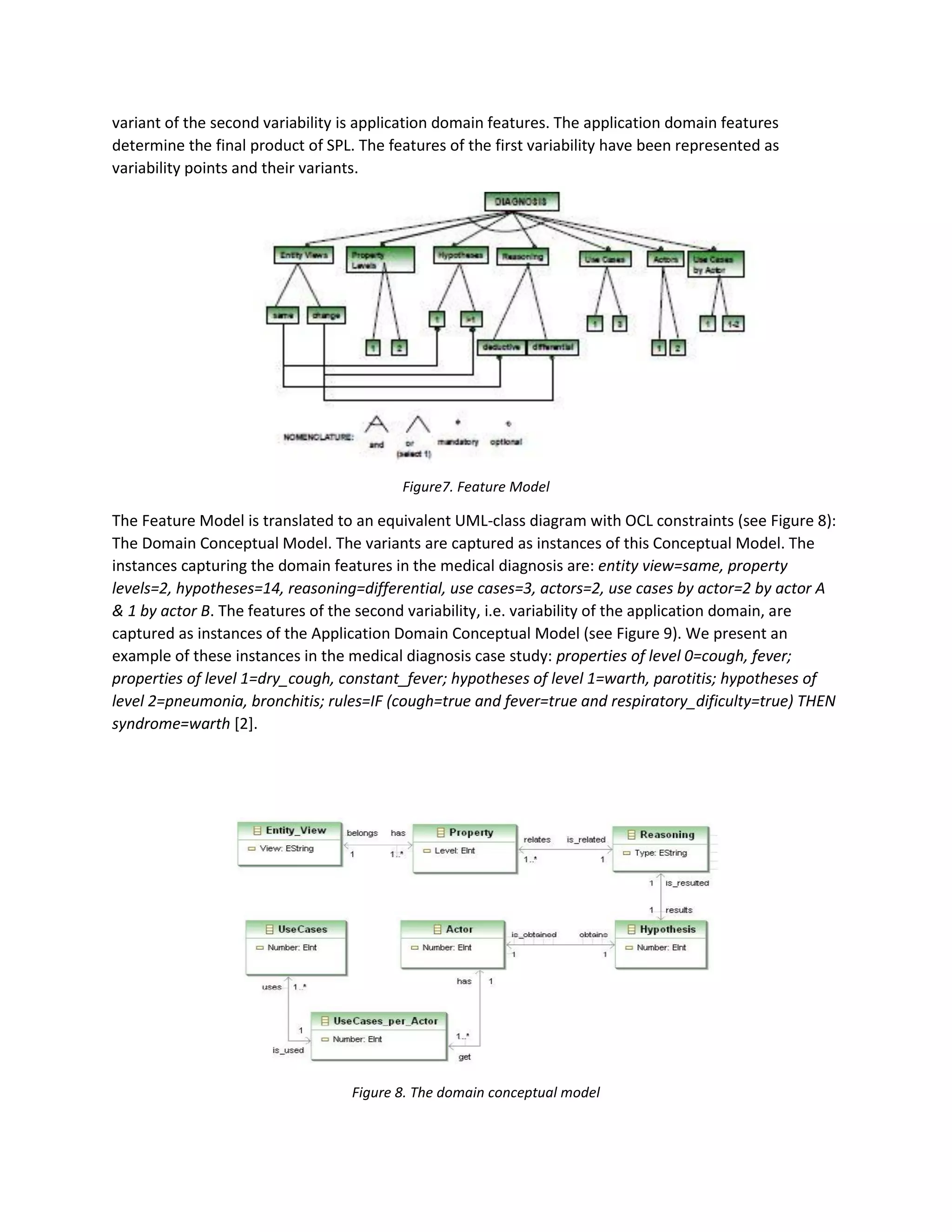 variant of the second variability is application domain features. The application domain features
determine the final product of SPL. The features of the first variability have been represented as
variability points and their variants.
Figure7. Feature Model
The Feature Model is translated to an equivalent UML-class diagram with OCL constraints (see Figure 8):
The Domain Conceptual Model. The variants are captured as instances of this Conceptual Model. The
instances capturing the domain features in the medical diagnosis are: entity view=same, property
levels=2, hypotheses=14, reasoning=differential, use cases=3, actors=2, use cases by actor=2 by actor A
& 1 by actor B. The features of the second variability, i.e. variability of the application domain, are
captured as instances of the Application Domain Conceptual Model (see Figure 9). We present an
example of these instances in the medical diagnosis case study: properties of level 0=cough, fever;
properties of level 1=dry_cough, constant_fever; hypotheses of level 1=warth, parotitis; hypotheses of
level 2=pneumonia, bronchitis; rules=IF (cough=true and fever=true and respiratory_dificulty=true) THEN
syndrome=warth [2].
Figure 8. The domain conceptual model
 