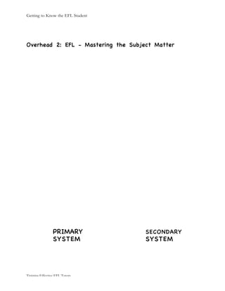 Getting to Know the EFL Student
Training Effective EFL Tutors
Overhead 2: EFL - Mastering the Subject Matter
PRIMARY SECONDARY
SYSTEM SYSTEM
 