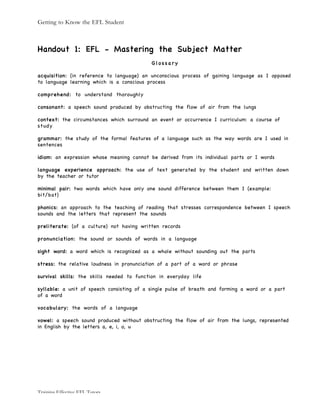 Getting to Know the EFL Student
Training Effective EFL Tutors
Handout 1: EFL - Mastering the Subject Matter
G l o s s a r y
acquisition: (in reference to language) an unconscious process of gaining language as I opposed
to language learning which is a conscious process
comprehend: to understand thoroughly
consonant: a speech sound produced by obstructing the flow of air from the lungs
context: the circumstances which surround an event or occurrence I curriculum: a course of
study
grammar: the study of the formal features of a language such as the way words are I used in
sentences
idiom: an expression whose meaning cannot be derived from its individual parts or I words
language experience approach: the use of text generated by the student and written down
by the teacher or tutor
minimal pair: two words which have only one sound difference between them I (example:
bit/bat)
phonics: an approach to the teaching of reading that stresses correspondence between I speech
sounds and the letters that represent the sounds
preliterate: (of a culture) not having written records
pronunciation: the sound or sounds of words in a language
sight word: a word which is recognized as a whole without sounding out the parts
stress: the relative loudness in pronunciation of a part of a word or phrase
survival skills: the skills needed to function in everyday life
syllable: a unit of speech consisting of a single pulse of breath and forming a word or a part
of a word
vocabulary: the words of a language
vowel: a speech sound produced without obstructing the flow of air from the lungs, represented
in English by the letters a, e, i, o, u
 