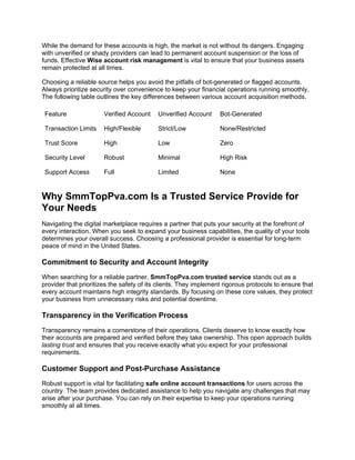 While the demand for these accounts is high, the market is not without its dangers. Engaging
with unverified or shady providers can lead to permanent account suspension or the loss of
funds. Effective Wise account risk management is vital to ensure that your business assets
remain protected at all times.
Choosing a reliable source helps you avoid the pitfalls of bot-generated or flagged accounts.
Always prioritize security over convenience to keep your financial operations running smoothly.
The following table outlines the key differences between various account acquisition methods.
Feature Verified Account Unverified Account Bot-Generated
Transaction Limits High/Flexible Strict/Low None/Restricted
Trust Score High Low Zero
Security Level Robust Minimal High Risk
Support Access Full Limited None
Why SmmTopPva.com Is a Trusted Service Provide for
Your Needs
Navigating the digital marketplace requires a partner that puts your security at the forefront of
every interaction. When you seek to expand your business capabilities, the quality of your tools
determines your overall success. Choosing a professional provider is essential for long-term
peace of mind in the United States.
Commitment to Security and Account Integrity
When searching for a reliable partner, SmmTopPva.com trusted service stands out as a
provider that prioritizes the safety of its clients. They implement rigorous protocols to ensure that
every account maintains high integrity standards. By focusing on these core values, they protect
your business from unnecessary risks and potential downtime.
Transparency in the Verification Process
Transparency remains a cornerstone of their operations. Clients deserve to know exactly how
their accounts are prepared and verified before they take ownership. This open approach builds
lasting trust and ensures that you receive exactly what you expect for your professional
requirements.
Customer Support and Post-Purchase Assistance
Robust support is vital for facilitating safe online account transactions for users across the
country. The team provides dedicated assistance to help you navigate any challenges that may
arise after your purchase. You can rely on their expertise to keep your operations running
smoothly at all times.
 