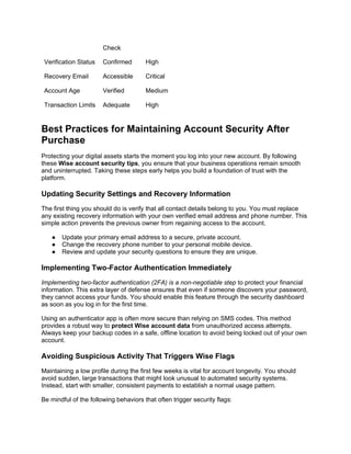 Check
Verification Status Confirmed High
Recovery Email Accessible Critical
Account Age Verified Medium
Transaction Limits Adequate High
Best Practices for Maintaining Account Security After
Purchase
Protecting your digital assets starts the moment you log into your new account. By following
these Wise account security tips, you ensure that your business operations remain smooth
and uninterrupted. Taking these steps early helps you build a foundation of trust with the
platform.
Updating Security Settings and Recovery Information
The first thing you should do is verify that all contact details belong to you. You must replace
any existing recovery information with your own verified email address and phone number. This
simple action prevents the previous owner from regaining access to the account.
● Update your primary email address to a secure, private account.
● Change the recovery phone number to your personal mobile device.
● Review and update your security questions to ensure they are unique.
Implementing Two-Factor Authentication Immediately
Implementing two-factor authentication (2FA) is a non-negotiable step to protect your financial
information. This extra layer of defense ensures that even if someone discovers your password,
they cannot access your funds. You should enable this feature through the security dashboard
as soon as you log in for the first time.
Using an authenticator app is often more secure than relying on SMS codes. This method
provides a robust way to protect Wise account data from unauthorized access attempts.
Always keep your backup codes in a safe, offline location to avoid being locked out of your own
account.
Avoiding Suspicious Activity That Triggers Wise Flags
Maintaining a low profile during the first few weeks is vital for account longevity. You should
avoid sudden, large transactions that might look unusual to automated security systems.
Instead, start with smaller, consistent payments to establish a normal usage pattern.
Be mindful of the following behaviors that often trigger security flags:
 