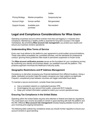 hidden
Pricing Strategy Market-competitive Suspiciously low
Account Origin Human-verified Bot-generated
Support Access Available post-
purchase
Non-existent
Legal and Compliance Considerations for Wise Users
Operating a business account online involves more than just logging in; it requires strict
compliance. Maintaining a healthy profile is essential for long-term success in the digital
marketplace. By prioritizing Wise account risk management, you protect your assets and
ensure your business remains operational.
Understanding Wise Terms of Service
Every user must adhere to the platform's user agreement to avoid sudden account limitations.
These rules define acceptable use, prohibited activities, and the standards for professional
conduct. Ignoring these guidelines often leads to permanent suspension or frozen funds.
The Wise account verification process serves as the foundation for your compliance journey.
By confirming your identity and business details, you establish trust with the platform. This
proactive approach minimizes the likelihood of security audits.
Geographic Restrictions and IP Address Management
Consistency is vital when accessing your financial dashboard from different locations. Using a
stable, dedicated connection helps the system recognize your login patterns as legitimate.
Frequent, unexplained jumps between countries can trigger automated fraud alerts.
To maintain a secure environment, consider these best practices:
● Use a consistent network or a dedicated business VPN.
● Avoid logging into your account from public, unsecured Wi-Fi hotspots.
● Keep your contact information updated to match your current operational base.
Ensuring Tax Compliance in the United States
Operating within the United States requires strict attention to federal and state tax regulations.
You must report your income accurately to remain in good standing with both the platform and
the IRS. Effective Wise account risk management includes keeping detailed records of all
your incoming and outgoing transactions.
The following table outlines key compliance areas you should monitor regularly to ensure your
account remains in good standing:
 