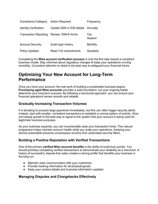 Compliance Category Action Required Frequency
Identity Verification Update SSN or EIN details Annually
Transaction Reporting Review 1099-K forms Tax
Season
Account Security Audit login history Monthly
Policy Updates Read ToS amendments Quarterly
Completing the Wise account verification process is only the first step toward a compliant
business model. Stay informed about regulatory changes to keep your operations running
smoothly. Consistent attention to detail is the best way to safeguard your financial future.
Optimizing Your New Account for Long-Term
Performance
Once you have your account, the real work of building a sustainable business begins.
Purchasing aged Wise accounts provides a solid foundation, but your ongoing habits
determine your long-term success. By following a structured approach, you can ensure your
financial operations remain smooth and reliable.
Gradually Increasing Transaction Volumes
It is tempting to process large payments immediately, but this can often trigger security alerts.
Instead, start with smaller, consistent transactions to establish a normal pattern of activity. Slow
and steady growth is the best way to signal to the system that your account is being used for
legitimate business purposes.
As your business expands, you can incrementally raise your transaction limits. This natural
progression helps maintain account health while you scale your operations. Keeping your
activity predictable prevents unnecessary scrutiny from automated security filters.
Building a Positive Reputation with Verified Transactions
One of the primary verified Wise account benefits is the ability to build trust quickly. You
should prioritize completing verified transactions to demonstrate your reliability as a merchant. A
history of successful, dispute-free sales creates a strong profile that benefits your business in
the long run.
● Maintain clear communication with your customers.
● Provide tracking information for all physical goods.
● Keep your contact details and business information updated.
Managing Disputes and Chargebacks Effectively
 