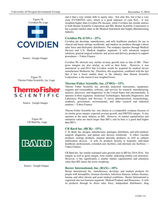 December 5, 2014
UOIG 14
University of Oregon Investment Group
and it had a very similar debt to equity ratio. Not only this, but it has a very
close EV/EBITDA ratio, which is a good indicator of cash flow. It was
weighted higher than Covidien Plc because, while Covidien has similar metrics
to both Boston Scientific Corporation and BD, Boston Scientific Corporation is
has a greater market share in the Medical Instrument and Supply Manufacturing
Industry.
Covidien Plc (COV)—25%
Covidien plc develops, manufactures, and sells healthcare products for use in
clinical and home settings worldwide, and markets its products through a direct
sales force and third-party distributors. The company operates through Medical
Devices and U.S. Medical Supplies segments. It sells advanced surgical
solutions, general surgical solutions, and access and delivery products to support
procedures.—Yahoo Finance
Covidien Plc showed very similar revenue growth rates to that of BD. Their
gross margins are also similar, as well as their betas. However, it was
announced in mid-2014 that Covidien would be acquired by medical device
manufacturer Medtronic Inc. Therefore, this acquisition, combined with the fact
that it has a lower market share in the industry than Boston Scientific
Corporation, is the reason it was weighted lower.
Thermo Fisher Scientific, Inc. (TMO)—15%
Thermo Fisher Scientific Inc. provides analytical instruments, equipment,
reagents and consumables, software, and services for research, manufacturing,
analysis, discovery, and diagnostics in the United States and internationally. It
operates in three segments: Analytical Technologies; Specialty Diagnostics; and
Laboratory Products and Services. It serves pharmaceutical, biotechnology,
academic, government, environmental, and other research and industrial
markets.—Yahoo Finance
Thermo Fisher Scientific Inc. was chosen as a comparable company because of
its similar gross margin, expected revenue growth, and EBITDA margin. It also
operates in the same industry as BD. However, its market capitalization and
enterprise value are much larger than BD’s, and its beta is a good deal higher
than BD’s.
CR Bard Inc. (BCR)—15%
C. R. Bard, Inc. designs, manufactures, packages, distributes, and sells medical,
surgical, diagnostic, and patient care devices worldwide. It offers vascular
products, urology products, surgical specialty products, as well as catheter
stabilization devices. It sells its products directly to hospitals, individual
healthcare professionals, extended care facilities, and alternate site facilities.—
Yahoo Finance.
CR Bard Inc. has similar estimated sales growth rates to BD for 2014-2016. Net
margin, as well as gross margin, were similar, indicating similar cost structures.
However, it has significantly a smaller market capitalization and enterprise
value than BD, hence the lower weighting.
Baxter International, Inc. (BAX)—10%
Baxter International Inc. manufactures, develops, and markets products for
people with hemophilia, immune disorders, infectious diseases, kidney diseases,
trauma, and other chronic and acute medical conditions. Baxter International is
organized into two business segments: Medical Products and Bioscience. It sells
its products through its direct sales force, independent distributors, drug
Figure 38:
Covidien Plc Logo
Source: Google Images
Figure 39:
Thermo Fisher Scientific, Inc. Logo
Source: Google Images
Figure 40:
CR Bard Inc. Logo
Source: Google Images
 