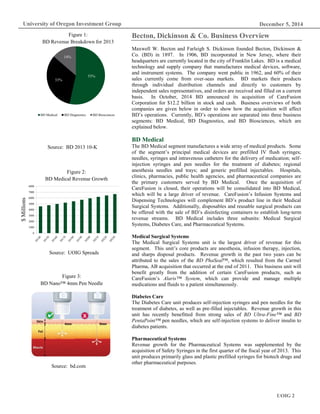 December 5, 2014
UOIG 2
University of Oregon Investment Group
53%
33%
14%
BD Medical BD Diagnostics BD Biosciences
Becton, Dickinson & Co. Business Overview
Maxwell W. Becton and Farleigh S. Dickinson founded Becton, Dickinson &
Co. (BD) in 1897. In 1906, BD incorporated in New Jersey, where their
headquarters are currently located in the city of Franklin Lakes. BD is a medical
technology and supply company that manufactures medical devices, software,
and instrument systems. The company went public in 1962, and 60% of their
sales currently come from over-seas markets. BD markets their products
through individual distribution channels and directly to customers by
independent sales representatives, and orders are received and filled on a current
basis. In October, 2014 BD announced its acquisition of CareFusion
Corporation for $12.2 billion in stock and cash. Business overviews of both
companies are given below in order to show how the acquisition will affect
BD’s operations. Currently, BD’s operations are separated into three business
segments: BD Medical, BD Diagnostics, and BD Biosciences, which are
explained below.
BD Medical
The BD Medical segment manufactures a wide array of medical products. Some
of the segment’s principal medical devices are prefilled IV flush syringes;
needles, syringes and intravenous catheters for the delivery of medication; self-
injection syringes and pen needles for the treatment of diabetes; regional
anesthesia needles and trays; and generic prefilled injectables. Hospitals,
clinics, pharmacies, public health agencies, and pharmaceutical companies are
the primary customers served by BD Medical. Once the acquisition of
CareFusion is closed, their operations will be consolidated into BD Medical,
which will be a large driver of revenue. CareFusion’s Infusion Systems and
Dispensing Technologies will complement BD’s product line in their Medical
Surgical Systems. Additionally, disposables and reusable surgical products can
be offered with the sale of BD’s disinfecting containers to establish long-term
revenue streams. BD Medical includes three subunits: Medical Surgical
Systems, Diabetes Care, and Pharmaceutical Systems.
Medical Surgical Systems
The Medical Surgical Systems unit is the largest driver of revenue for this
segment. This unit’s core products are anesthesia, infusion therapy, injection,
and sharps disposal products. Revenue growth in the past two years can be
attributed to the sales of the BD PhaSeal™, which resulted from the Carmel
Pharma, AB acquisition that occurred at the end of 2011. This business unit will
benefit greatly from the addition of certain CareFusion products, such as
CareFusion’s Alaris™ System, which can provide and manage multiple
medications and fluids to a patient simultaneously.
Diabetes Care
The Diabetes Care unit produces self-injection syringes and pen needles for the
treatment of diabetes, as well as pre-filled injectables. Revenue growth in this
unit has recently benefitted from strong sales of BD Ultra-Fine™ and BD
PentaPoint™ pen needles, which are self-injection systems to deliver insulin to
diabetes patients.
Pharmaceutical Systems
Revenue growth for the Pharmaceutical Systems was supplemented by the
acquisition of Safety Syringes in the first quarter of the fiscal year of 2013. This
unit produces primarily glass and plastic prefilled syringes for biotech drugs and
other pharmaceutical purposes.
Figure 1:
BD Revenue Breakdown for 2013
Source: BD 2013 10-K
Figure 2:
BD Medical Revenue Growth
Source: UOIG Spreads
Figure 3:
BD Nano™ 4mm Pen Needle
Source: bd.com
0
1000
2000
3000
4000
5000
6000
7000
8000
$Millions
 
