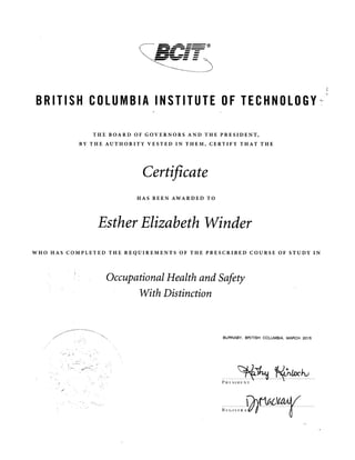 Esther Winder - Occupational Health and Safety Certificate