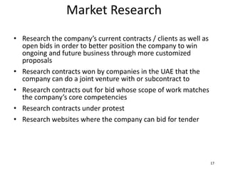 Market Research
• Research the company’s current contracts / clients as well as
open bids in order to better position the company to win
ongoing and future business through more customized
proposals
• Research contracts won by companies in the UAE that the
company can do a joint venture with or subcontract to
• Research contracts out for bid whose scope of work matches
the company’s core competencies
• Research contracts under protest
• Research websites where the company can bid for tender
17
 