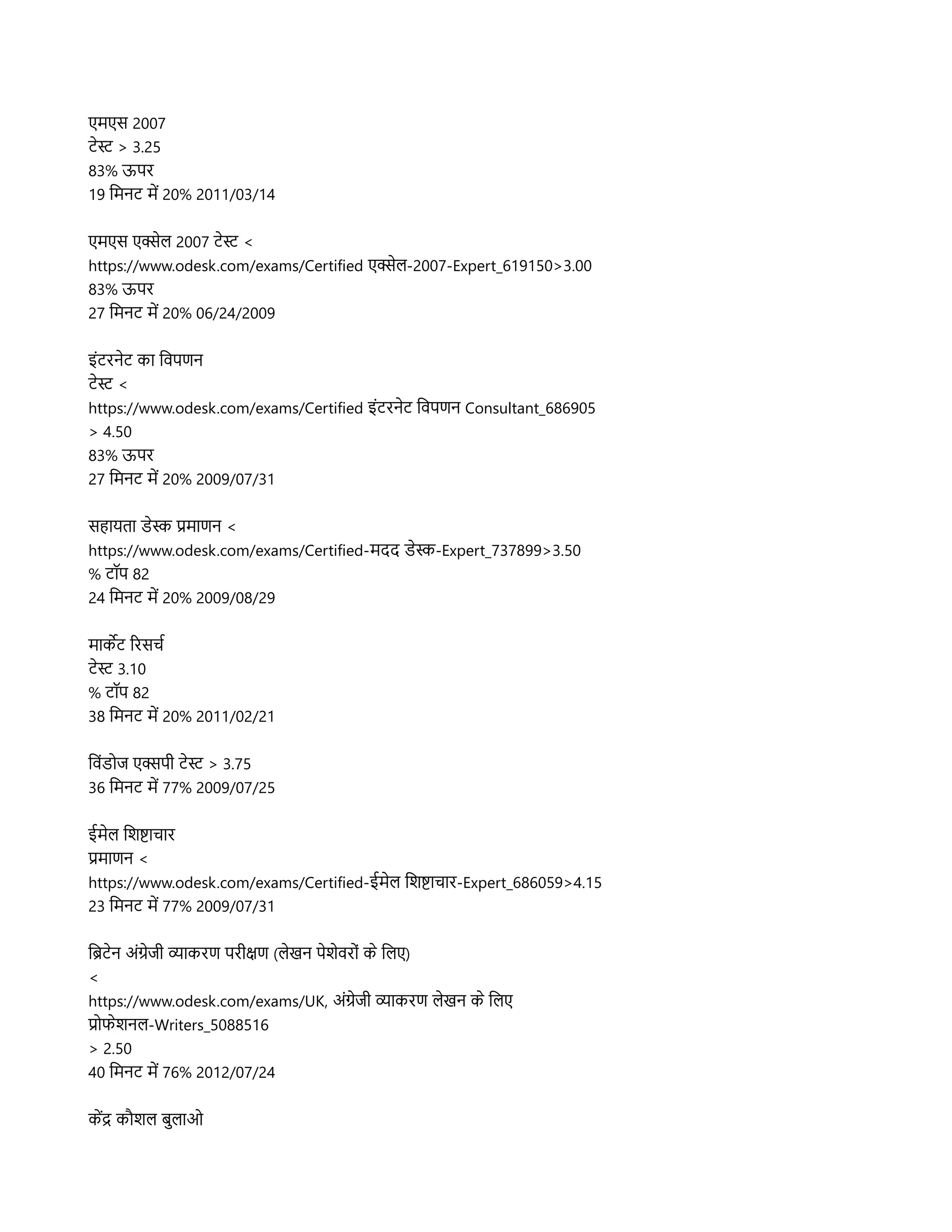 एमएस 2007
टनस > 3.25
83% ऊपर
19 लमनट मद 20% 2011/03/14
एमएस एक्सनलि 2007 टनस <
https://www.odesk.com/exams/Certified एक्सनलि-2007-Expert_619150>3.00
83% ऊपर
27 लमनट मद 20% 06/24/2009
इसंटरननट कहा लवपणन
टनस <
https://www.odesk.com/exams/Certified इसंटरननट लवपणन Consultant_686905
> 4.50
83% ऊपर
27 लमनट मद 20% 2009/07/31
सहहायतहा डनस प्रमहाणन <
https://www.odesk.com/exams/Certified-मदद डनस-Expert_737899>3.50
% टपॉप 82
24 लमनट मद 20% 2009/08/29
महाकर्केट ररसचर
टनस 3.10
% टपॉप 82
38 लमनट मद 20% 2011/02/21
लवसंडलज एक्सपर टनस > 3.75
36 लमनट मद 77% 2009/07/25
ईमनलि लशषहाचहार
प्रमहाणन <
https://www.odesk.com/exams/Certified-ईमनलि लशषहाचहार-Expert_686059>4.15
23 लमनट मद 77% 2009/07/31
लबटनन असंगनजर व्यहाकरण पररक्षण (लिनखन पनशनवरलसं कन ललिए)
<
https://www.odesk.com/exams/UK, असंगनजर व्यहाकरण लिनखन कन ललिए
प्रलफनशनलि-Writers_5088516
> 2.50
40 लमनट मद 76% 2012/07/24
कदद कप्रौशलि बसुलिहाओ
 