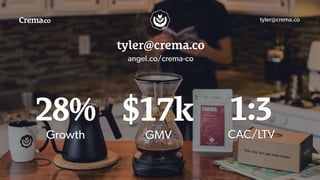 tyler@crema.co
 
tyler@crema.co
angel.co/crema-co
Growth
28%
GMV
$17k
CAC/LTV
1:3
 